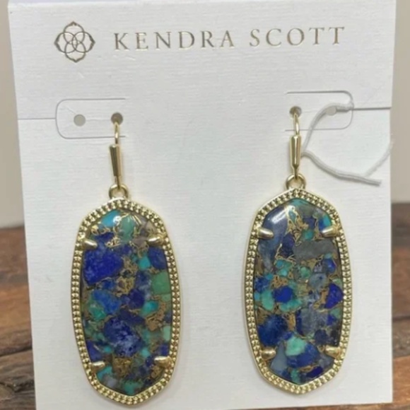Kendra Scott "Elle" Bronze Veined Lapis Turquoise Magnesite Earrings NWT - Picture 1 of 6